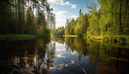 Fototapeta na wymiar Tranquil scene of reflection in forest pond generated by AI