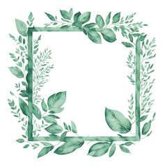 Watercolor frame of green leaves on transparent background. AI generative art, upgraded by human