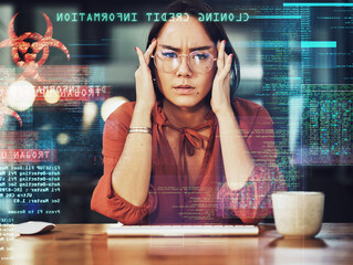 Stress, business headache and Asian woman gets a cyber security attack, virus or glitch. Anxiety,...