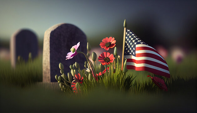 American flag laying on grave at the peaceful flowers. Concept National holidays , Flag Day, Veterans Day, Memorial Day, Independence Day, Patriot Day  Ai generated image