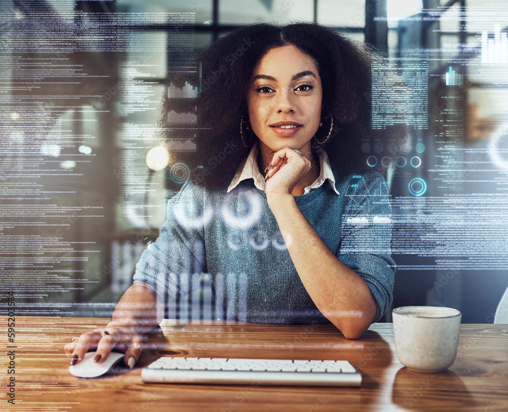 Aufkleber Portrait, coder and woman with hologram, big data and programming with cyber security, metaverse and information. Face, female employee and programmer with analysis, future planning and technology