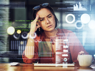 Business headache, stress and Asian woman gets a cyber security attack, virus or glitch. Anxiety, depressed portrait and serious person with graphs for data hacked with ransomware in phishing overlay