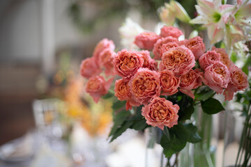 花瓶に活けた密度の高い花びらのピンク、オレンジ色のばらの花束　ウエディング・バレンタイン・贈り物のイメージ背景