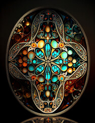 Stained glass heart with ornaments on black background, created with generative AI