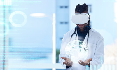 Doctor, virtual reality and man with hologram of globe and digital transformation in healthcare, analytics and overlay. Tech growth in medicine, global network with male in VR goggles and futuristic