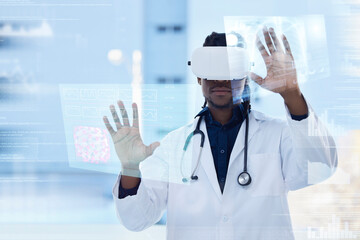 Doctor, virtual reality and man in medicine hologram, x ray scan and digital transformation, analytics and overlay. Tech growth in health, data on screen with African male in VR goggles or futuristic