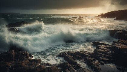 Obraz premium Breaking waves crash against rocky cliff at dusk generated by AI