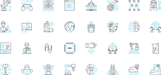 Obraz premium Nuclear Energy linear icons set. Fission, Fusion, Reactor, Radiation, Uranium, Plutonium, Electricity line vector and concept signs. Isotope,Chain reaction,Neutron outline illustrations