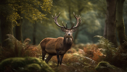 Horned stag standing in autumn forest meadow generated by AI