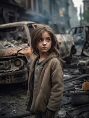 Fototapeta na wymiar Ein kleines Mädchen auf einer Straße in einer Stadt in der Krieg herscht und sehen das Ausmaß der Zerstörung ,generative AI