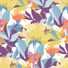 Vector floral seamless pattern. Yellow, orange flowers, blue and purple leaves
