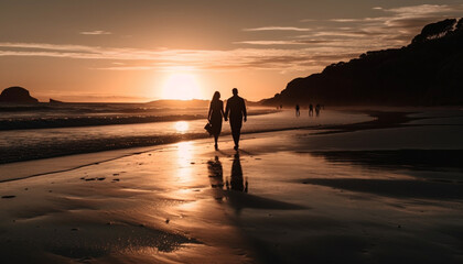 Silhouette of two adults walking on beach generated by AI