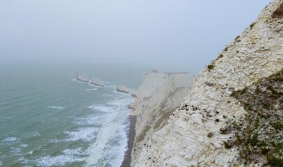 The Needles Isle of Wight UK close to Alum Bay chalk stacks and lighthouse tourist attraction