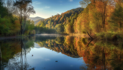 Fototapeta na wymiar Autumn forest reflects tranquil beauty in nature generated by AI