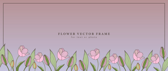 Vector delicate floral frame for text or photo with pale pink tulips, buds and green leaves. Background for decor, covers, postcards, business cards