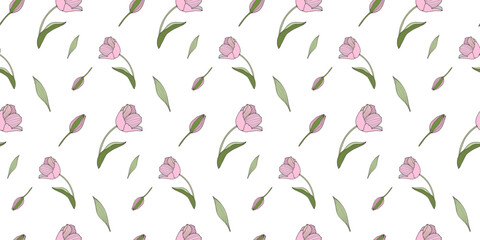 Vector seamless floral pattern with pale pink tulips, buds and green leaves. Pattern for textiles, wrapping paper, covers and backgrounds