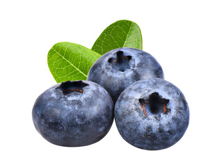 Obraz premium Blueberries with green leaves closeup, isolated on transparent png