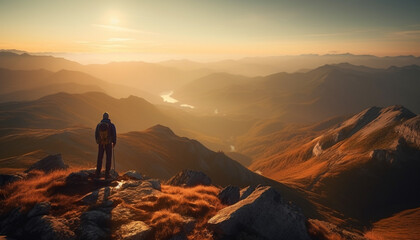 Fototapeta premium Backpacker standing on top of majestic mountain peak generated by AI