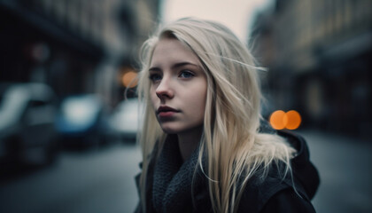 Young woman walking alone in the city generated by AI