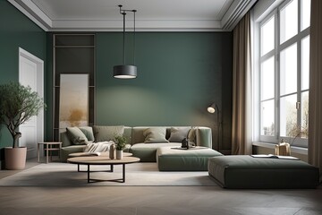 Modern living room with a view. Generative AI.	
