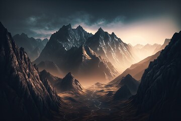 Sunrise over the mountains. Generative AI.