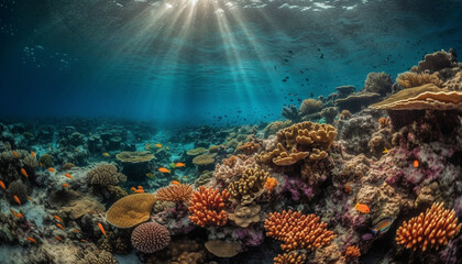 Naklejka na ściany i meble Colorful reef teeming with aquatic life below generated by AI