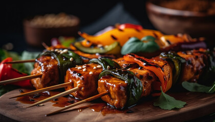 Grilled skewers of meat and vegetables, gourmet meal generated by AI