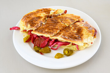 Turkish karisik atom  tost ( kasarli bazlama tost) . Sucuklu, Kasarli, kavurmali karisik tost. Flat...