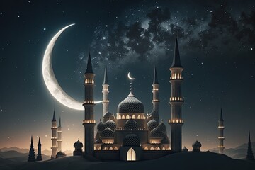 Mosque in the night with moon. Happy Ramadan. Happy Raya. Generative AI.	
