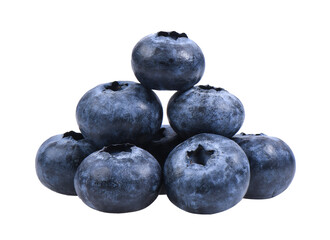Blueberries with green leaves closeup, isolated on transparent png