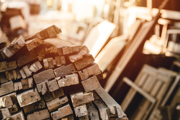 old wood pile in sawmill lumber. wooden pole stacked warehouse stock collection dried