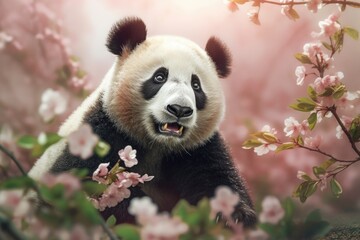 Obraz premium A cute panda sits in the background of the flowers. Generative AI.