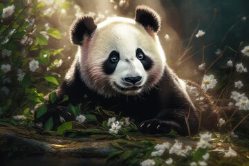 Obraz premium A cute panda sits in the background of the flowers. Generative AI.