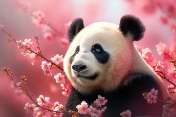 Obraz premium A cute panda sits in the background of the flowers. Generative AI.