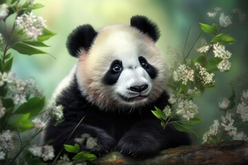 A cute panda sits in the background of the flowers. Generative AI.