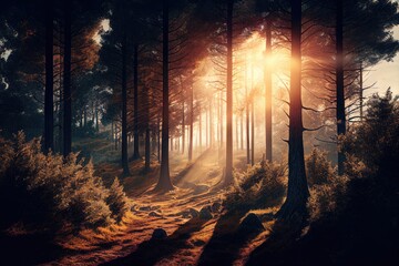 Sunset in the forest. Generative AI.