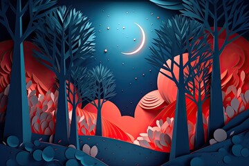 Paper cut of the night landscape with the moon. Generative AI.