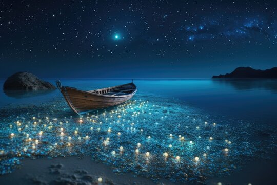 Boat on the sea with shiny stars at the night. Generative AI.
