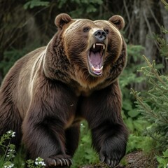 Obraz premium Grizzly bear roars, forest background. Generative AI.