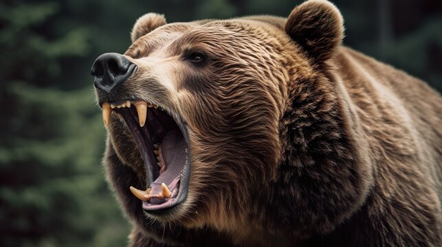 Grizzly bear roars, forest background. Generative AI.