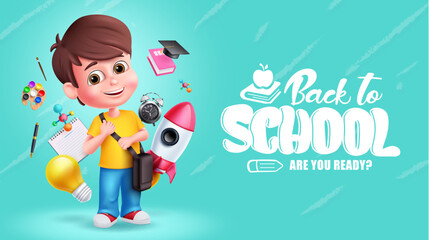 Back to school text vector design. School young boy character with learning educational supplies elements. Vector illustration school education concept. 