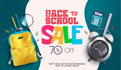 Back to school sale vector design. Back to school sale text with 70% promotion discount for student supplies. Vector illustration summer sale design.