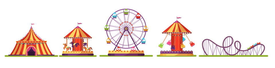 Amusement park set, cute ferris wheel and fair circus tent, merry go round carousel
