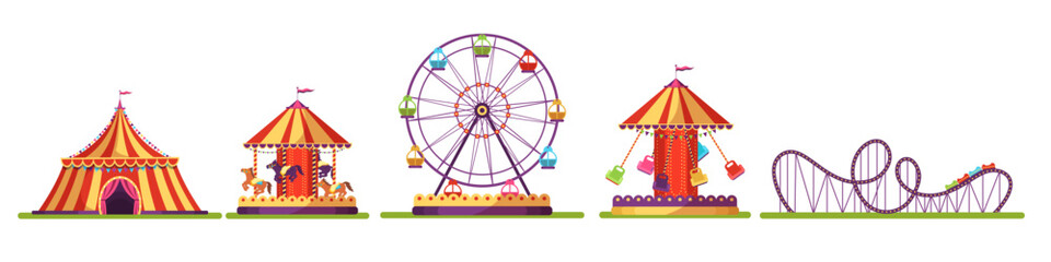 Amusement park set, cute ferris wheel and fair circus tent, merry go round carousel © backup_studio