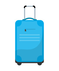 Blue plastic suitcase on wheels with telescopic silver handle, travel bag on trolley
