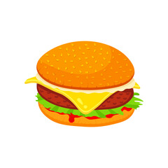 Cheeseburger, American fast food, side view vector illustration. Cartoon big burger with BBQ beef steak under cheese, juicy tomato and lettuce inside sesame bun, yummy takeaway snack isolated