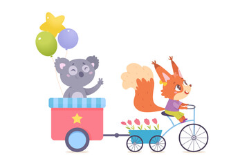 Fun ride of cute animals, squirrel riding bicycle, carrying basket of flowers and koala © backup_studio