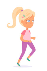 Active girl athlete running marathon, child runner jogging, side view of young sprinter