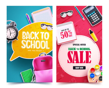 Back to school sale vector poster set design. Back to school promo with student supplies special offer discount. Vector illustration educational sale collection. 