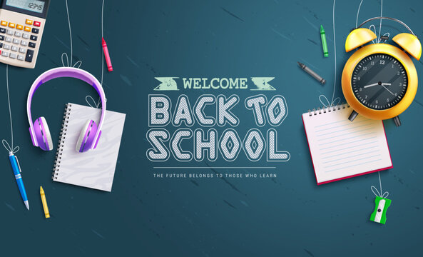 Back to school vector design. Welcome back to school text with hanging education supplies and tools in chalk board background. Vector illustration greeting background.